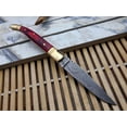 thumbnail image 5 of Laguiole Folding Damascus steel knife, 8.6" Long with 4.1" hand forged custom twist patren Blade. Wine 2 Tone Dollar wood & brass bolster scale. Cow hide leather sheath included, 5 of 5