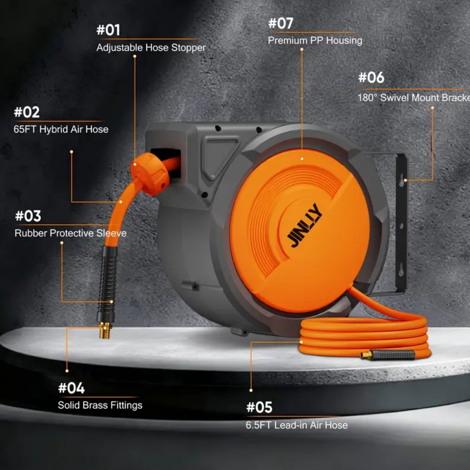 Rvchic 5/16"x40 ft Retractable Air Hose Reel with 180°Swivel & Lock,300 PSI Pneumatic Hose Reel with 6.5ft Lead-in,Any Length Lock,for Automotive Maintenance,Orange
