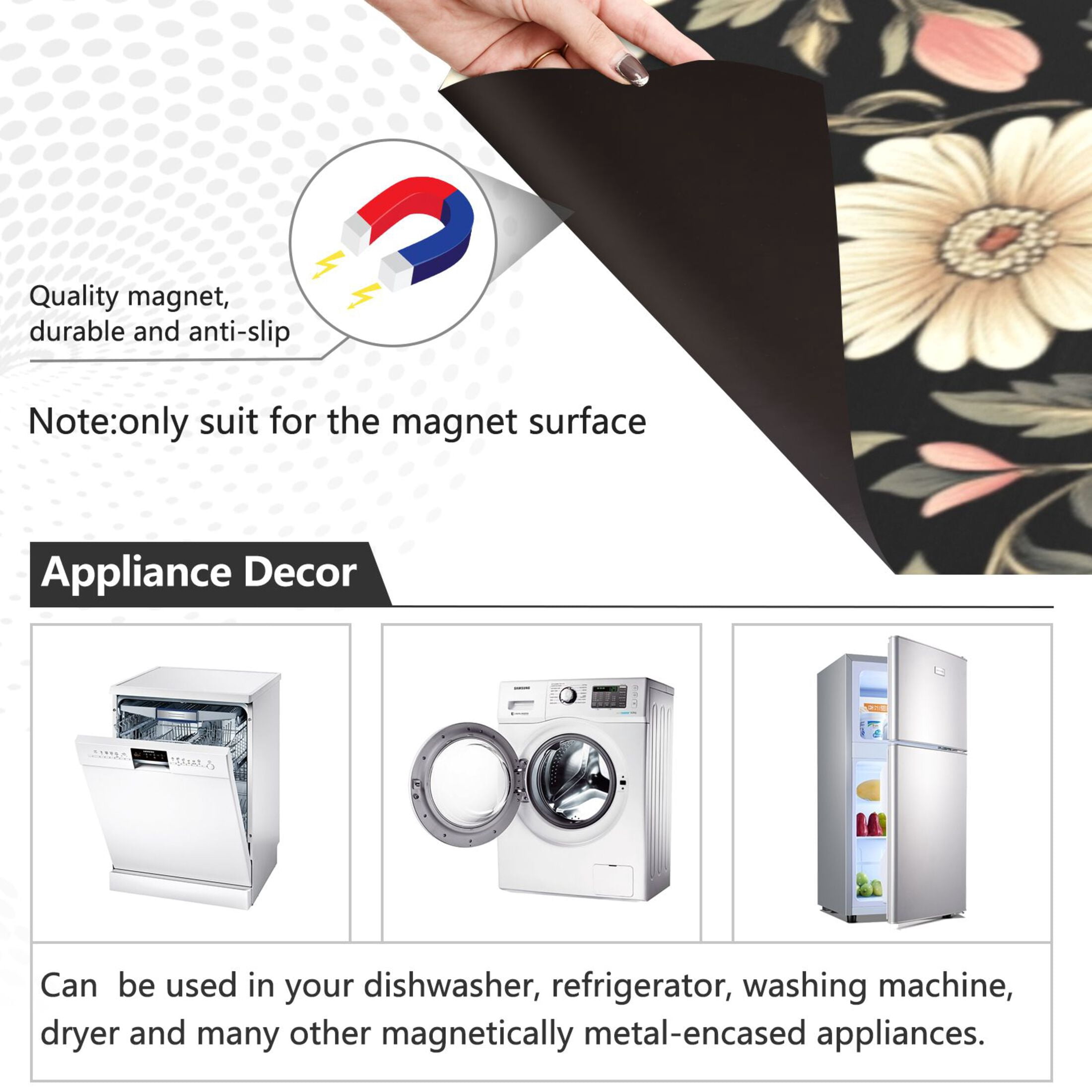 Dishwasher Magnetic Sticker 23x26 Inch Refrigerator Magnetic Sticker Washing Machine Magnetic Sticker Kitchen Panel Magnetic Sticker Home Decor Pretty White Flowers
