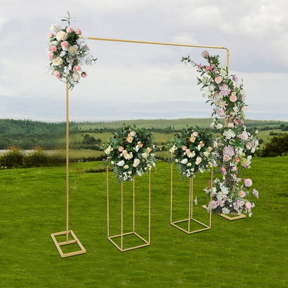 ToppiJoy Rectangular Modern Gold Steel Wedding Backdrop Stand Balloon Stand with Flower Stands