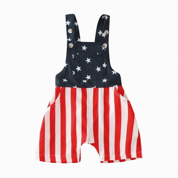 Splozh 4th Fourth of July Baby Girl Boy Outfit 12 18 24 Months 2T3T4T American Flag Print Overalls Shorts Pocket Suspender Romper Clothes,Red,12-18 Months