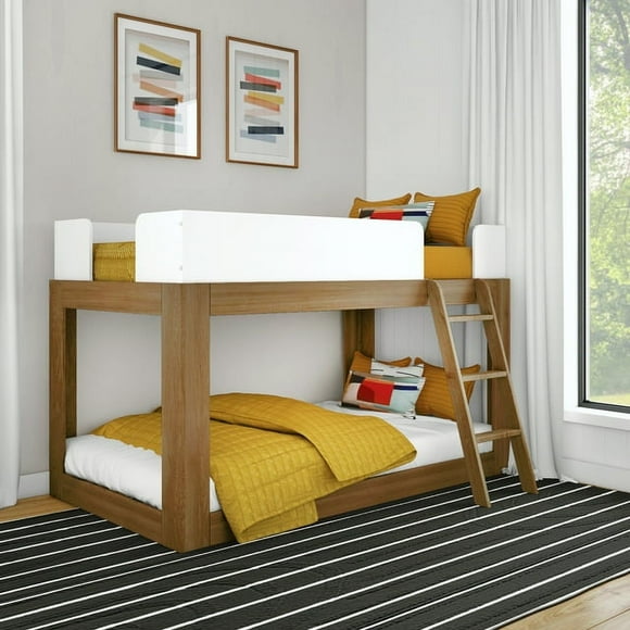 Max & Lily Bunk Bed, Mid-Century Modern Twin Over Twin Wood Bunk Beds for Kids, Pecan/White