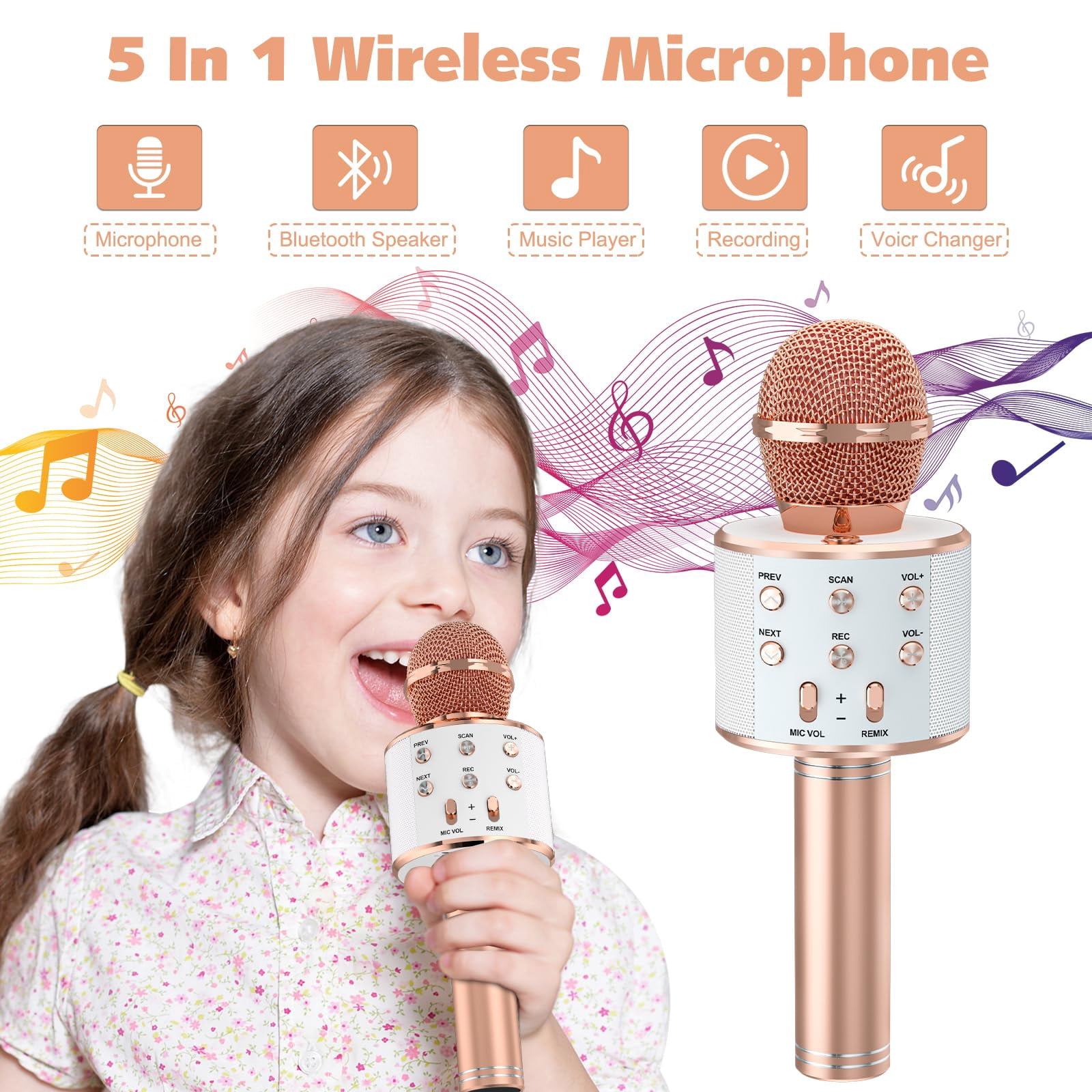 DAKIMOE Wireless Bluetooth Karaoke Microphone, Portable Handheld Singing Microphone for Kids Adults with Stereo Speaker and Voice Changer for All Smartphones, Gifts for Girls Kids Adults, Rose Gold