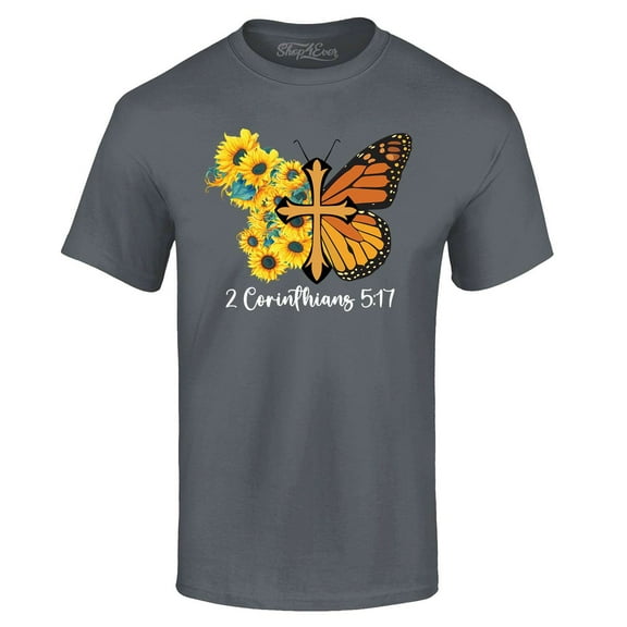 Shop4Ever Men's Monarch Butterfly with Sunflowers and Cross Graphic T-shirt X-Large Black