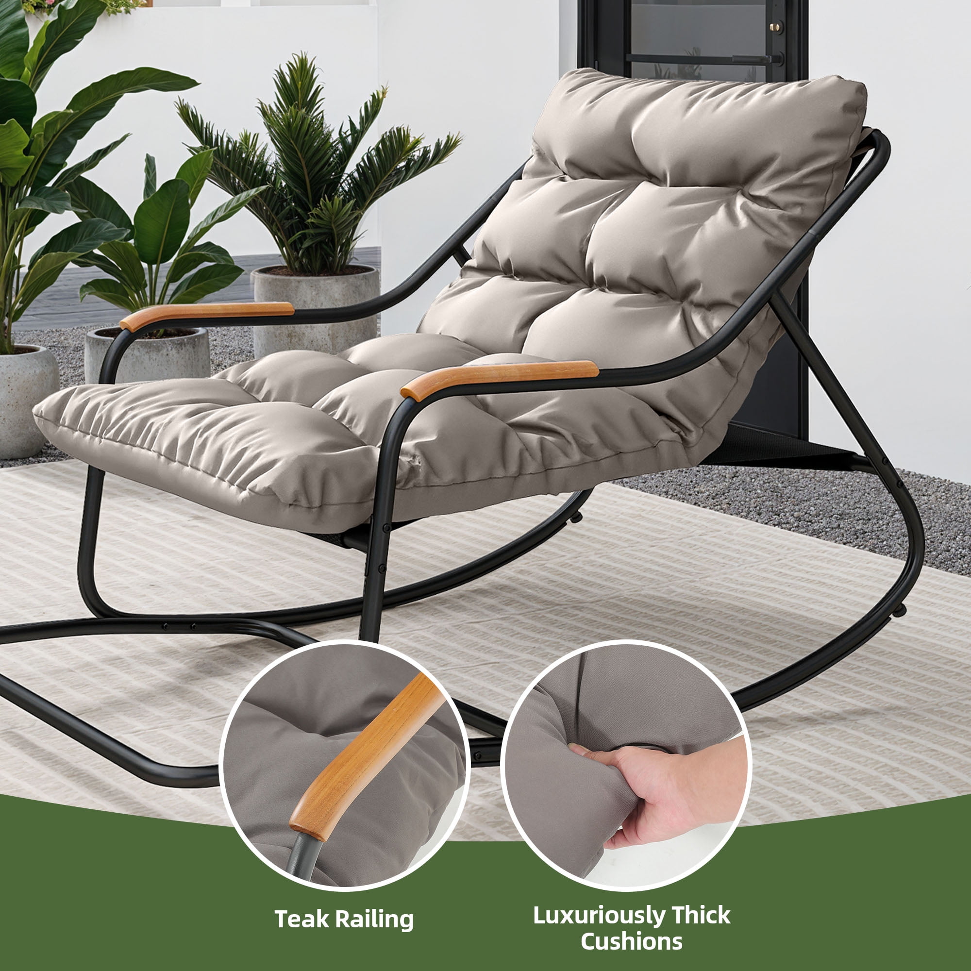 Uforic Oversized Patio Rocking Chair with Soft Thick Cushion, Steel Outdoor Lounge Rocker Chair with Textilene Handrail and Footrest - Black