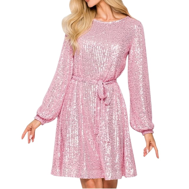 RXMEKW Jupe à Sequins pour Femmes Couleur Unie Perles Col Rond Manches Longues Robe de Soirée pour Cocktail et Réveillon du Nouvel An