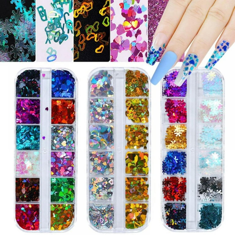 SeBeauty Red Nail Art Glitter Stickers Decals Heart Nail Sequins Charms Butterfly Nail Supplies Sparkle Nail Flakes Shiny Letter Maple Star 3D Design for