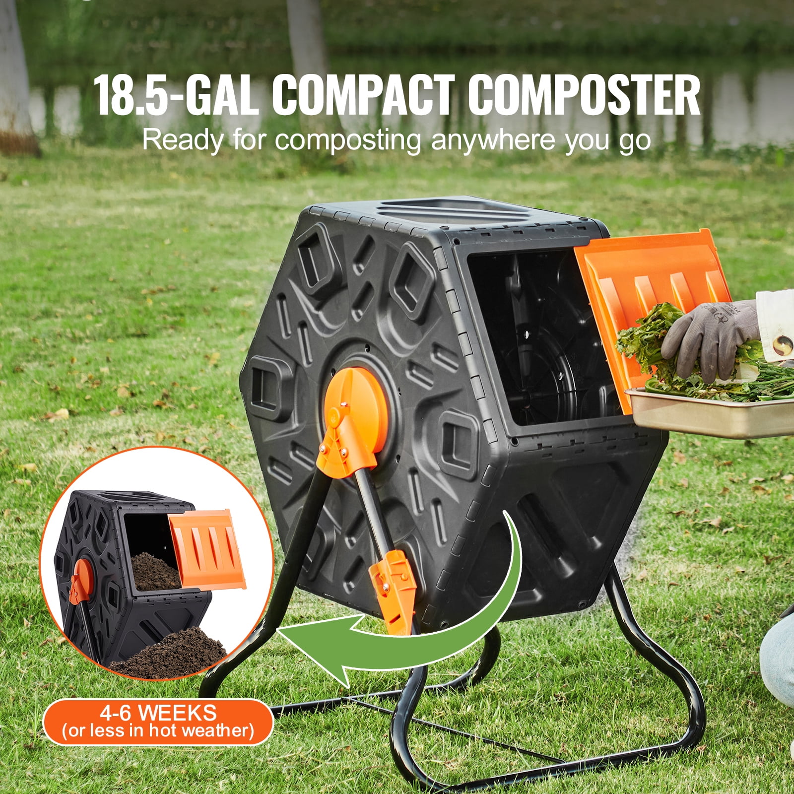KFFKFF Compost Bin ,18.5 Gal Composter Tumbler Rotating with Sliding Door,BPA-Free Material Composting Tumbler，Black+Orange