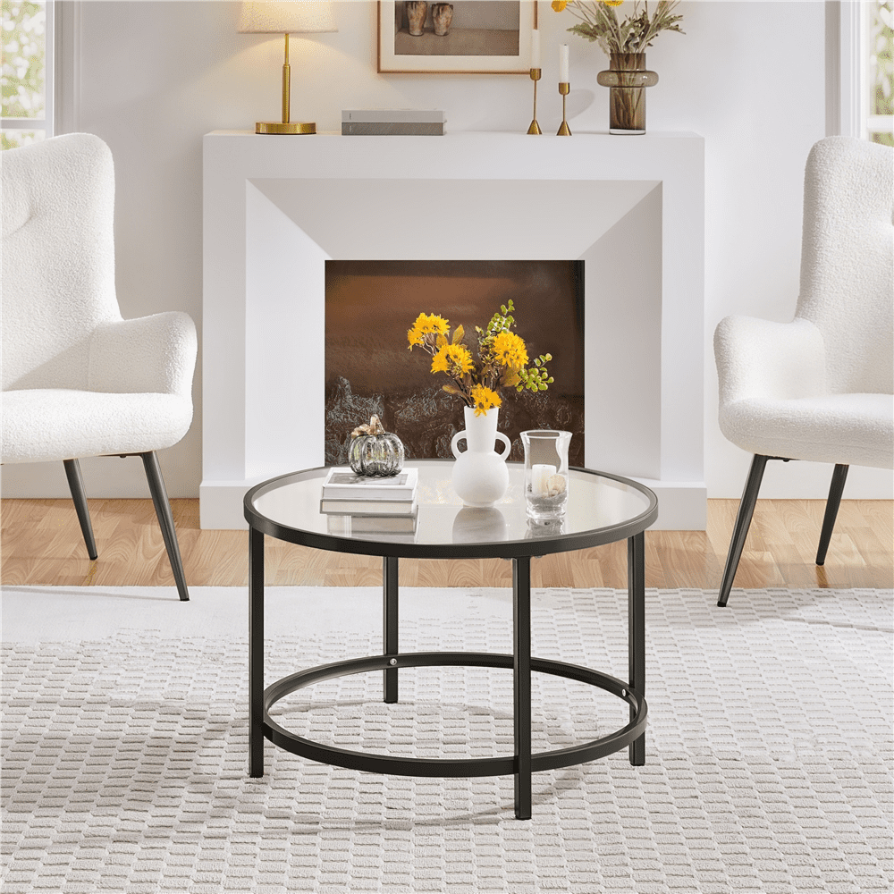 Renwick Modern Glass Top Coffee Table with Adjustable Foot Pads, Black