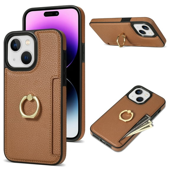 Feishell for iPhone 15 Wallet Case with Card Holder, 360°Rotation Ring Holder Kickstand, Premium PU Leather RFID Blocking Card Pocket Protective Cover For iPhone 15, Brown