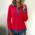 thumbnail image 7 of Trendfront Womens Denim Patchwork Knit Tops Lapel Collar Casual Loose Fit Long Sleeve Tee Trendy Fashion T Shirts Pullover Daily Outfits, 7 of 7