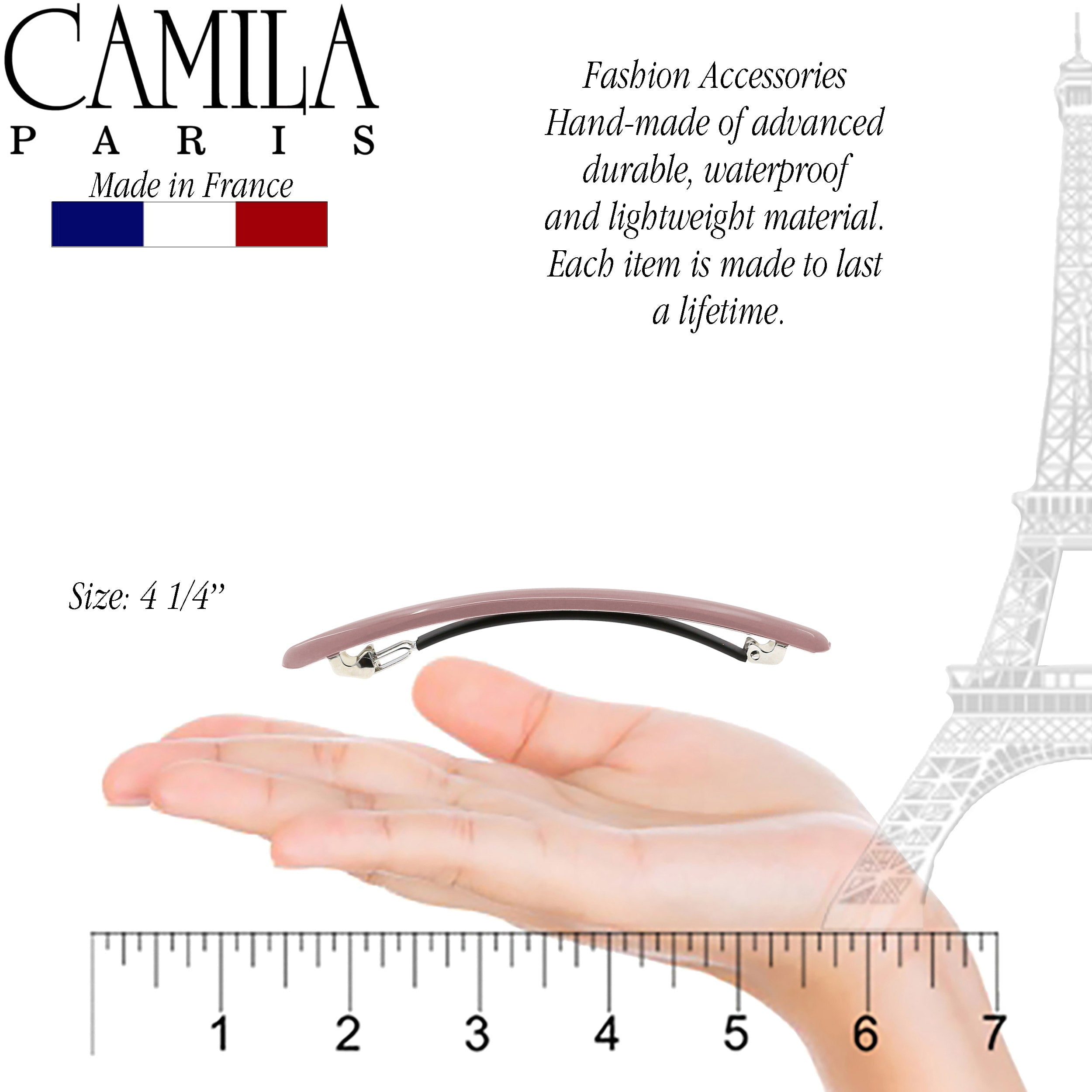 Camila Paris CP3252 French Hair Barrette Large Gray, Long Skinny Strong Hold Grip Hair Clips for Women, Thin Rubberized Automatic Clasp No Slip Durable Styling Girls Hair Accessories, Made in France
