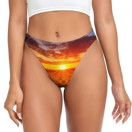 Qokaie Sunset Golden Sunflower Field Printed Women s Cotton Thong Underwear  Sexy Breathable Panties G-string-3X-Large