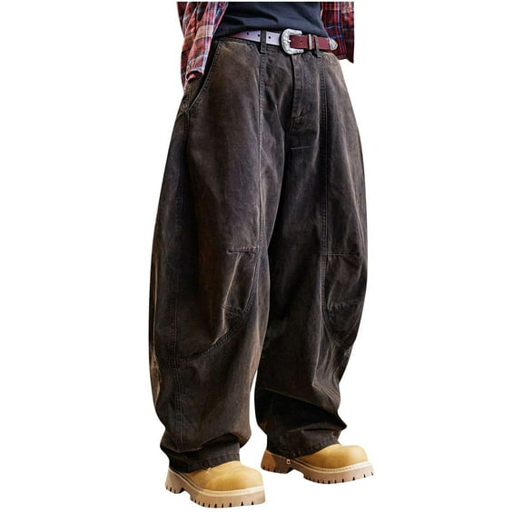Qgtaibl Men's Denim Pants Vintage Pleated Wide Leg Jeans Baggy Streetwear Pant with Pockets Coffee (Mens S)