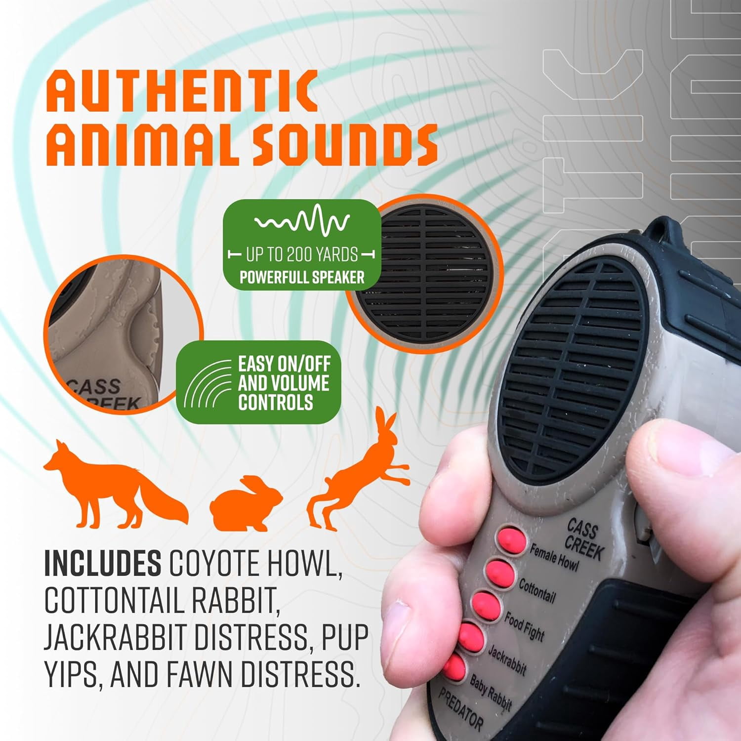Cass Creek Ergo Predator Call for Hunting, Electronic Handheld Coyote Game Call, Compact with 5 Preloaded Predator Sounds, One-Hand Use