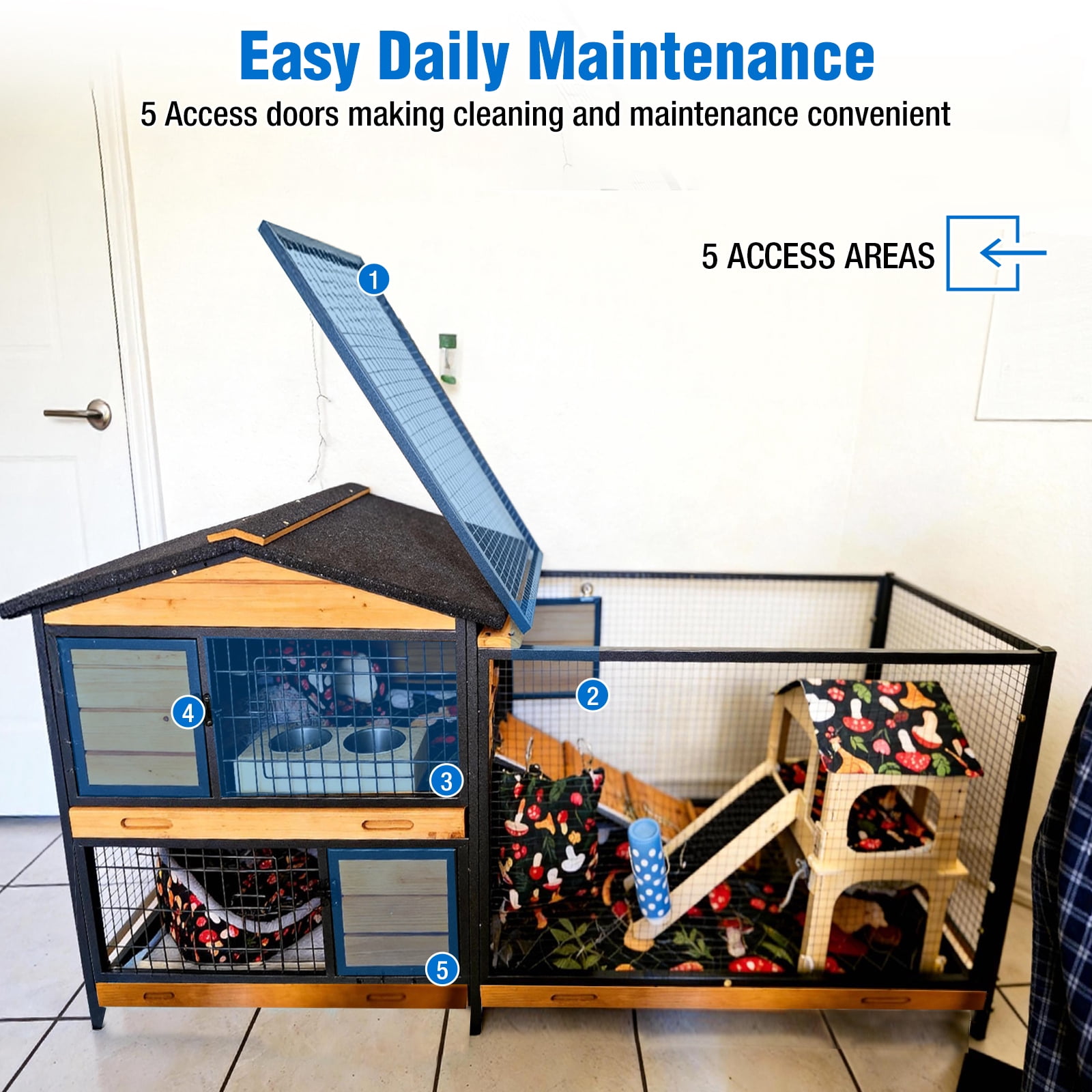 Suumerpety Rabbit Hutch on Wheels Indoor Rabbit Cage Outdoor Bunny Hutch with 3 Plastic Trays & Anti-Chew Ramp Metal Frame Guinea Pig Cage Natural