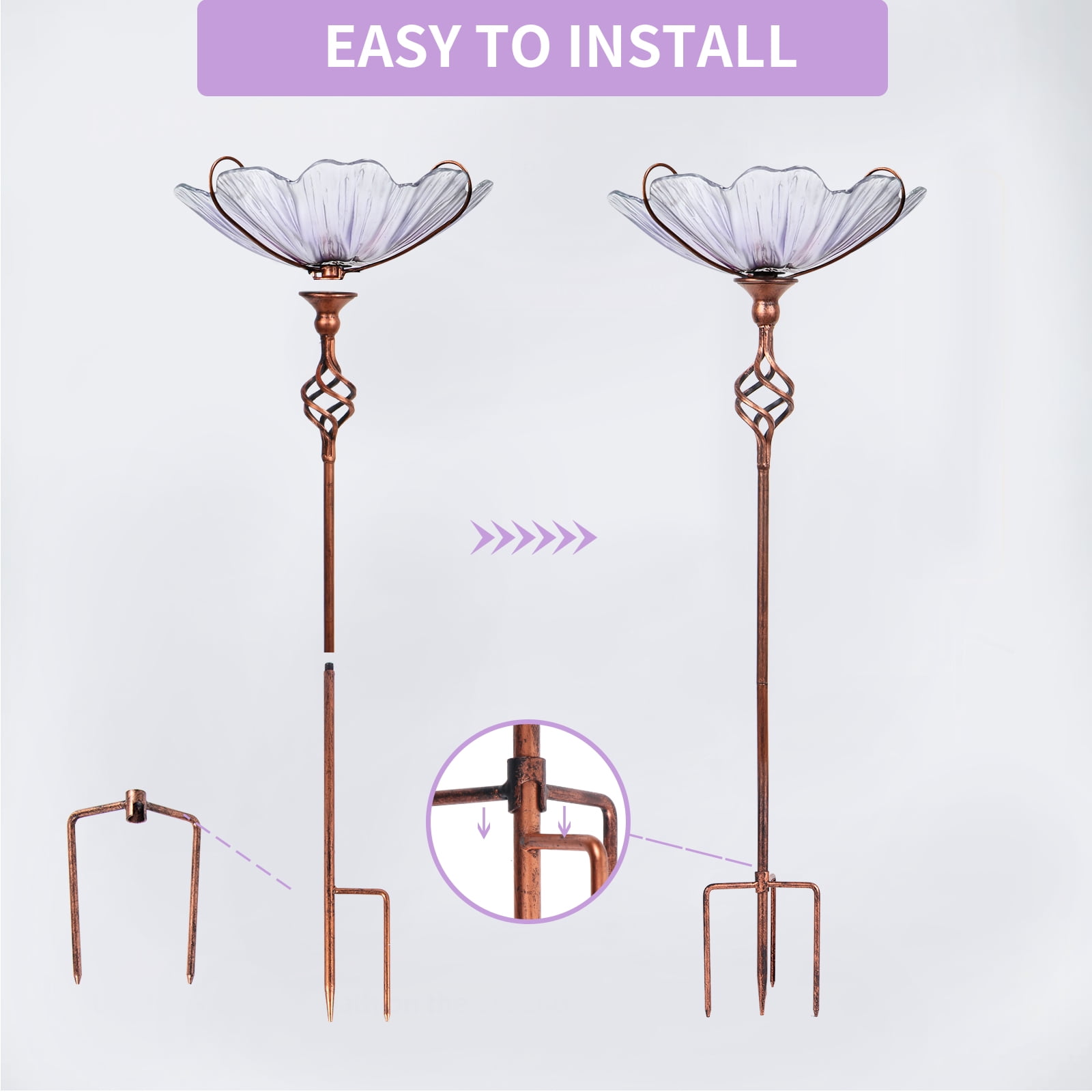 Outdoor Bird Bath,Flower-Shaped Glass Bird Bath, Metal Stand,Decorative Outdoor Garden Bird Feeder for Attracting Birds,Purple