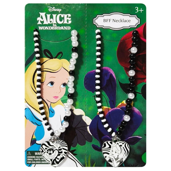 LUV HER Disney Alice in Wonderland BFF Necklace Set – Heart Charms Featuring Alice & Cheshire Cat – Beaded Friendship Necklace with lobster claw clasp attached to an extension chain, Ages 3 