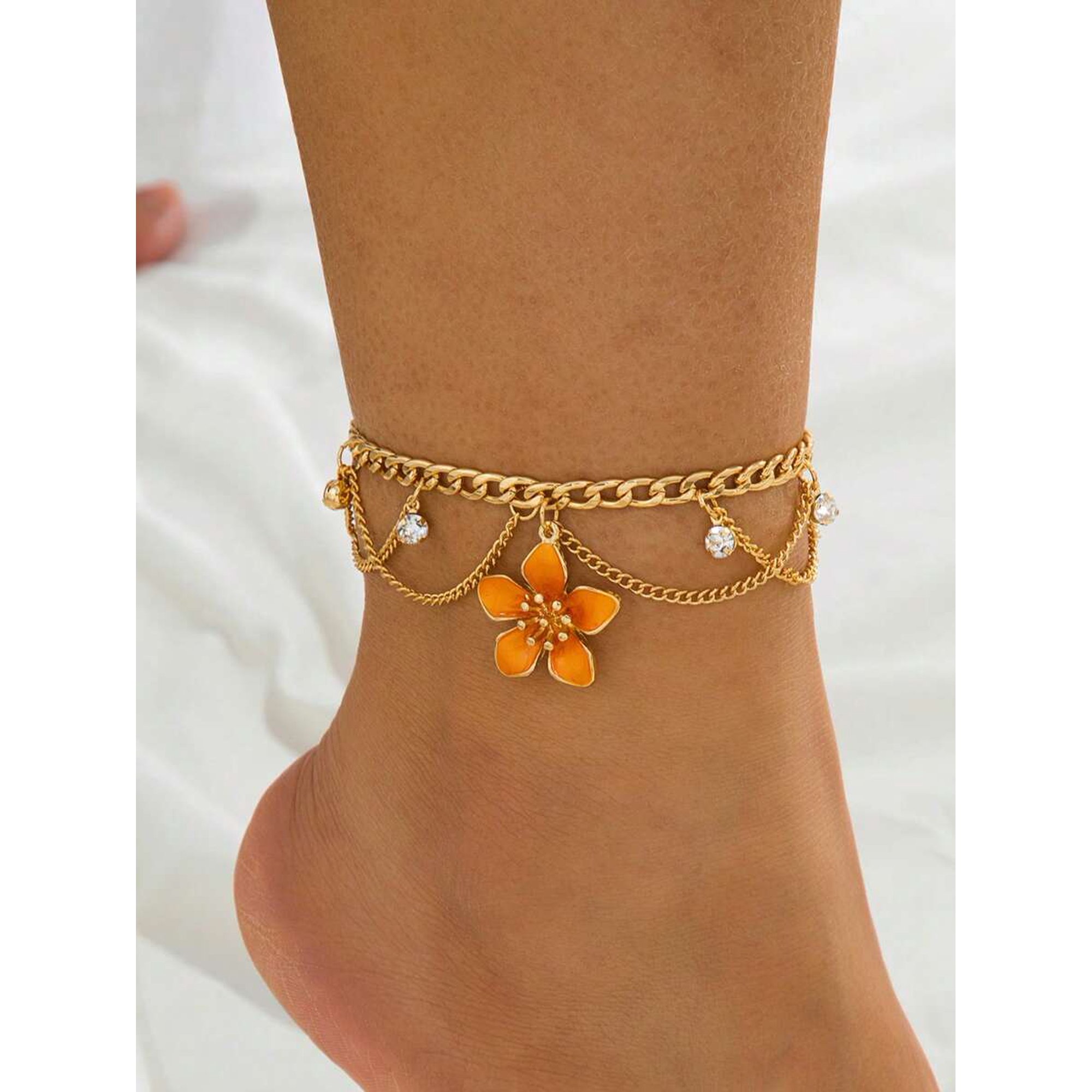 Multilayer Goldtone Anklet With Orange-3 Enamel Flower Charm And Crystal
