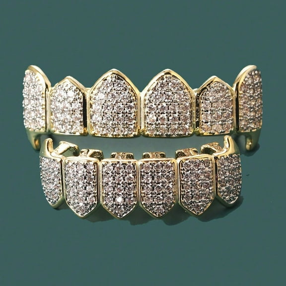 Brass Shiny Hip Hop Cubic Zirconia Tooth Grillz Top & Bottom Vampire Teeth Set