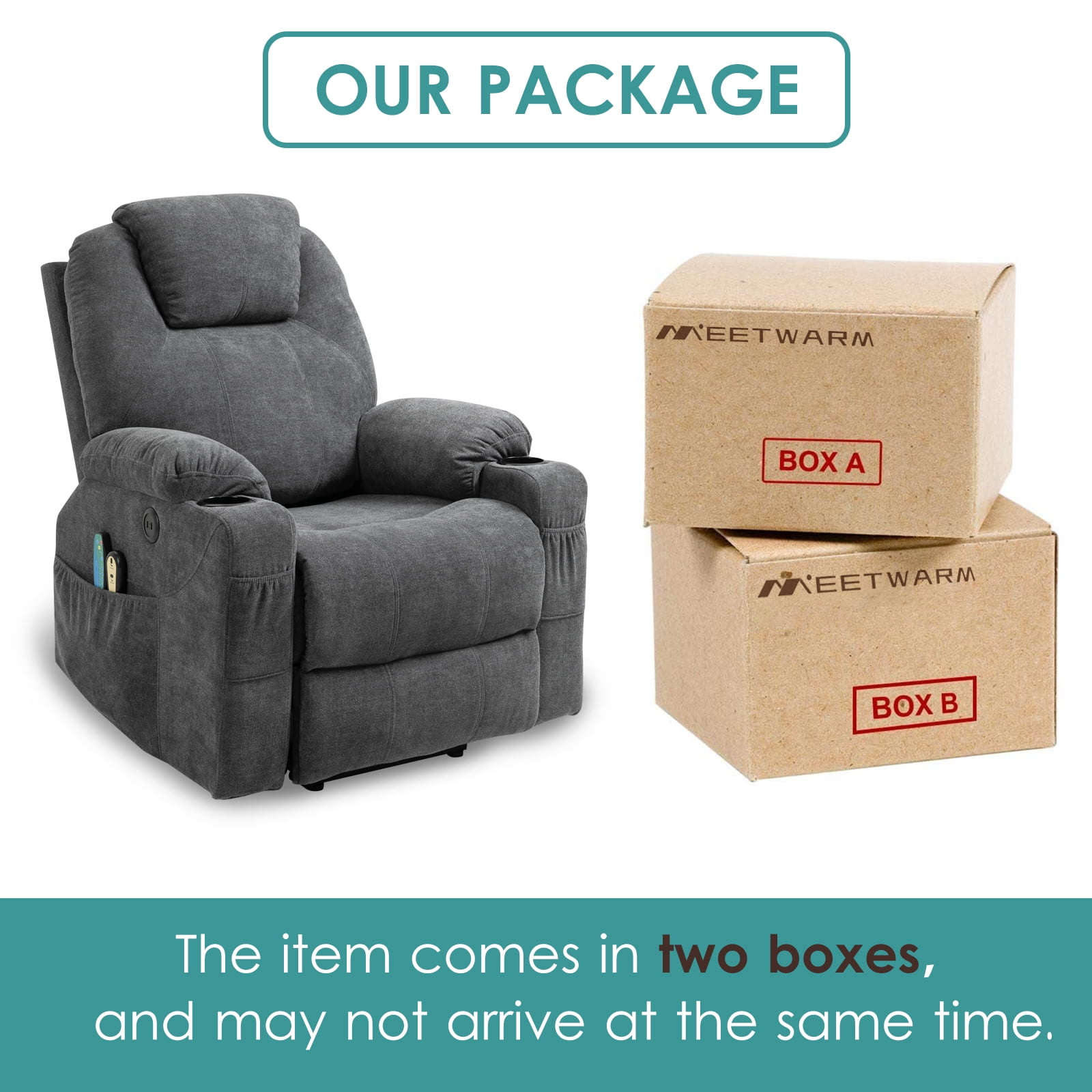 MEETWARM Power Lift Recliner Chair with Massage & Heating, USB Ports, Cup Holders - Grey