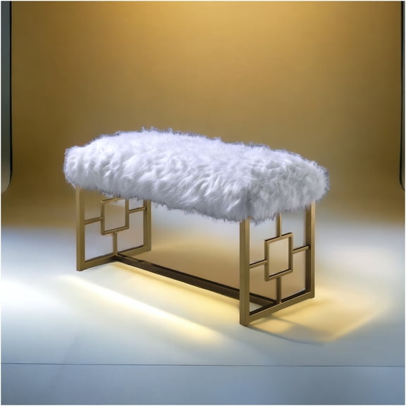 JERFIT Gold and White Faux Fur Bench, Upholstered Backless Bench with Metal Legs for Bedroom, Living Room, Entryway