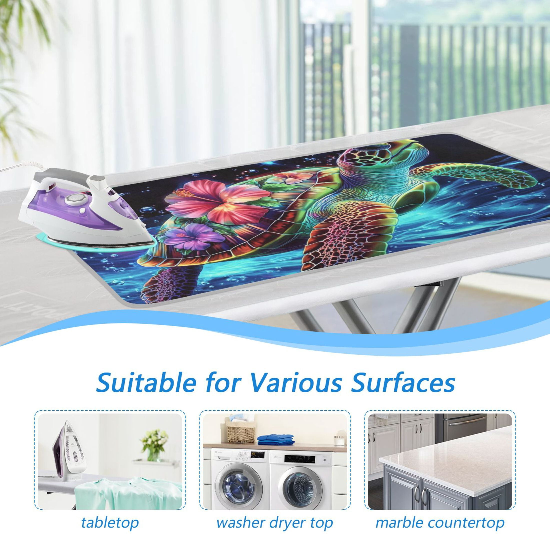 Flowers Around Swimming Neon Turtle Ironing Mat Blanket Portable Travel Ironing Pad Heat Resistant Pad 47.2" x 27.6”