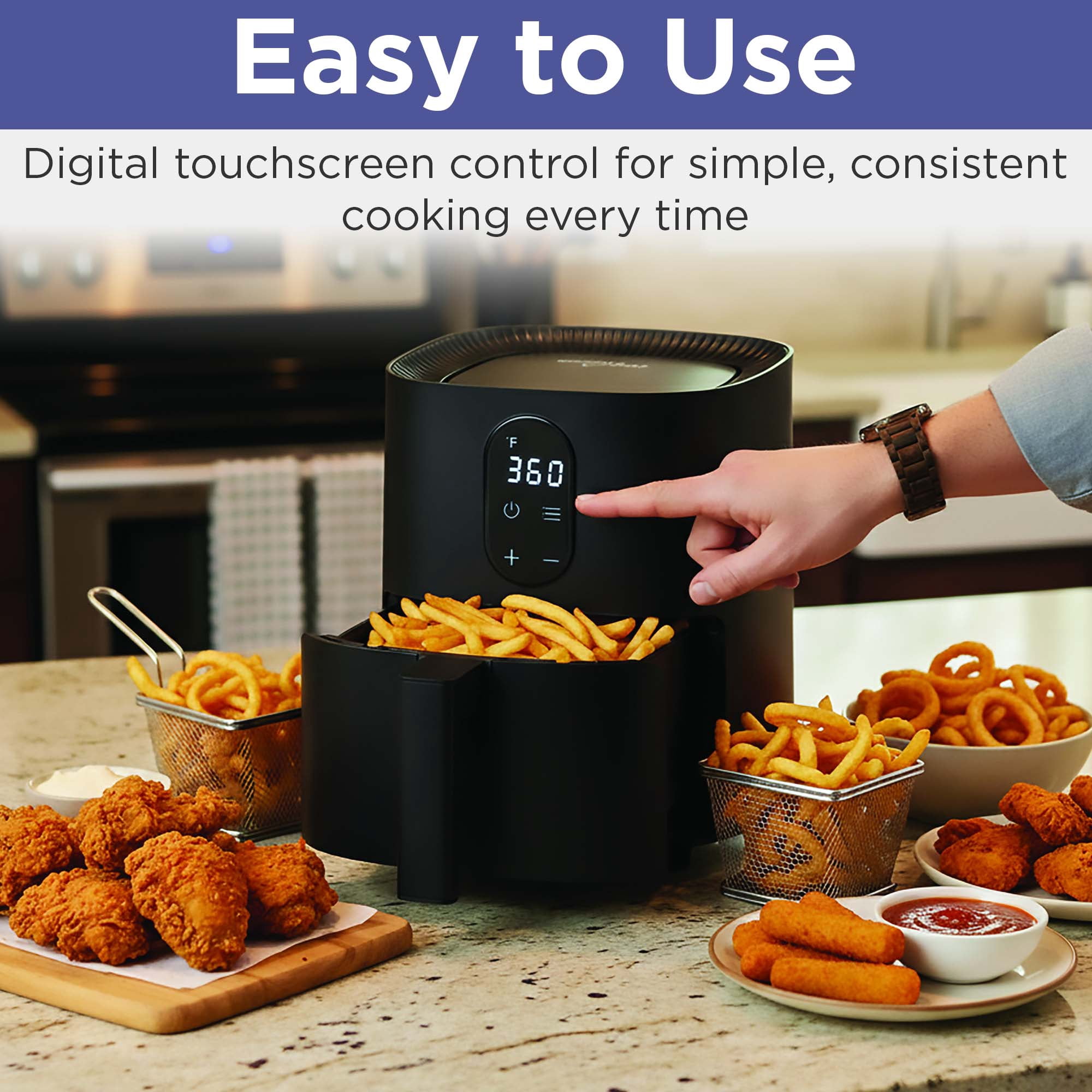 Magnavox 2.64Qt/2.5L 1,000-Watt Air Fryer with Touchscreen Controls, Rapid Air Technology, Non-Stick Coating, 8 Functions, Black