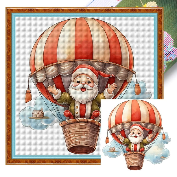 Hilo de algodón bordado, 18CT, impresión de globo aerostático, punto de cruz de Papá Noel, 20x20cm