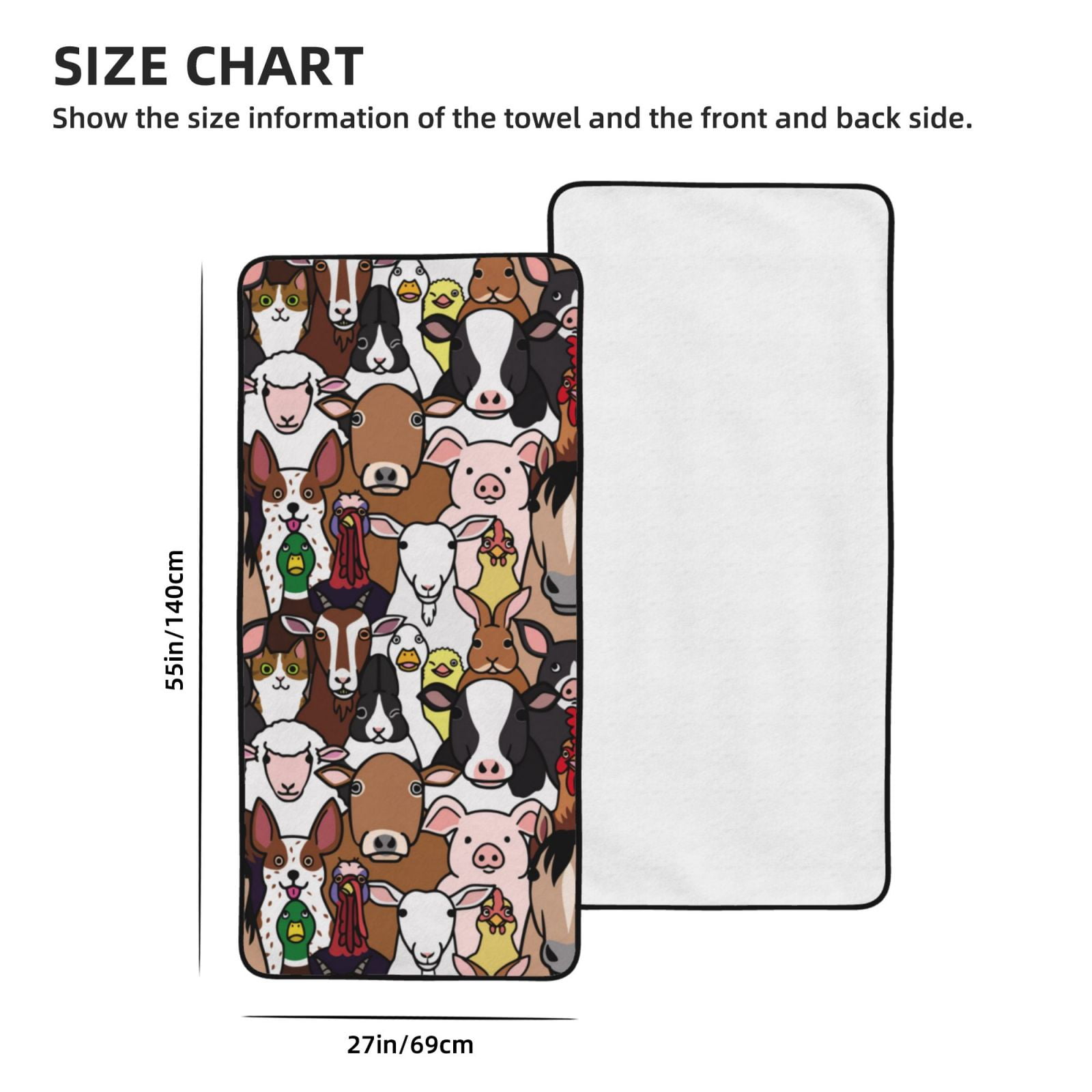 Cotton Bath Towels for Bathroom - funny farm pig cow cat face Microfiber Quick Dry Towels for Body Bath Sheets, Personalized Beach Towel, Soft Shower Towels for Travel Home Beach 27*55in