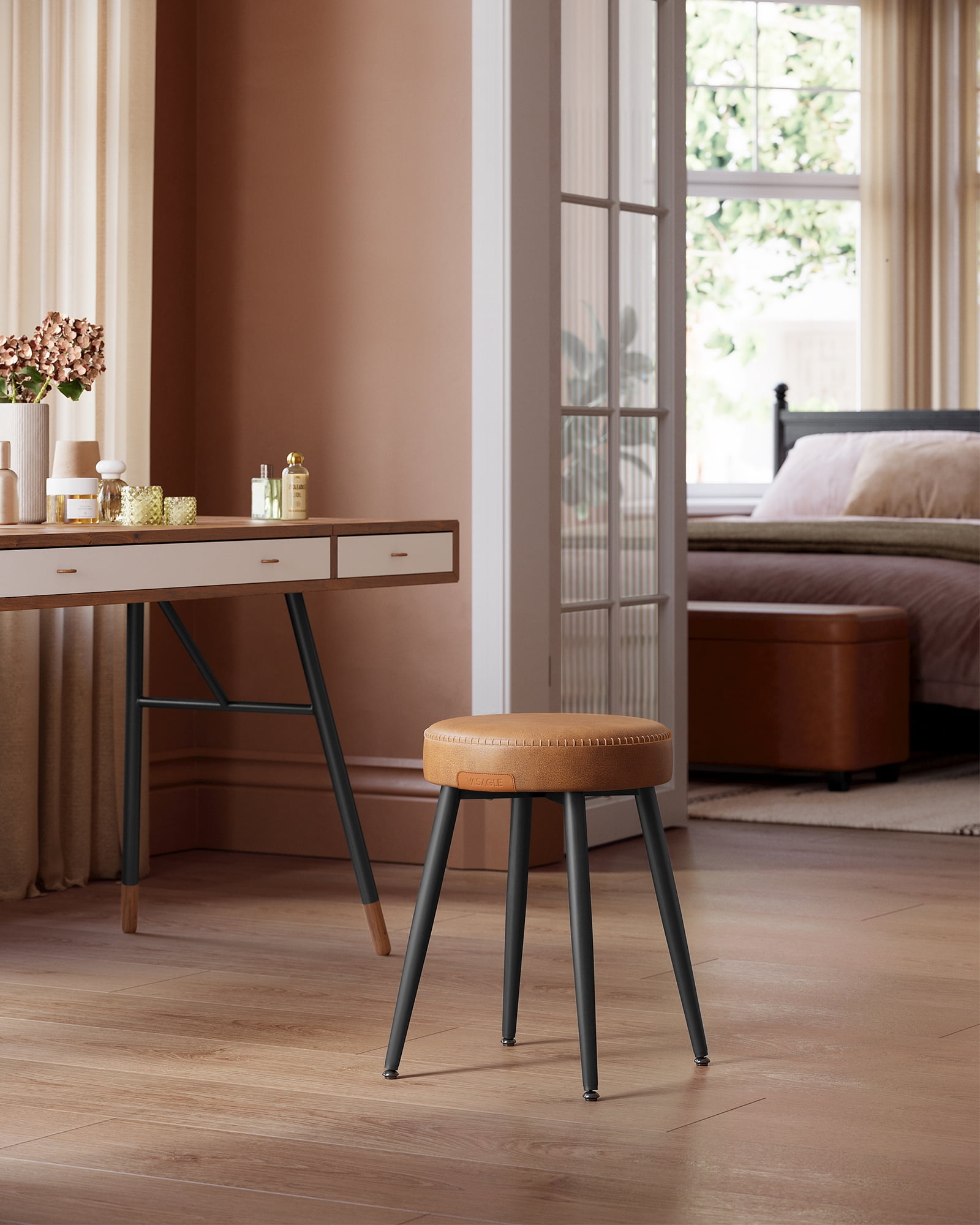VASAGLE EKHO Collection - Dining Chairs Stools Set of 2, Upholstered Kitchen Stools, Vanity Stools, Synthetic Leather with Stitching, Caramel Brown
