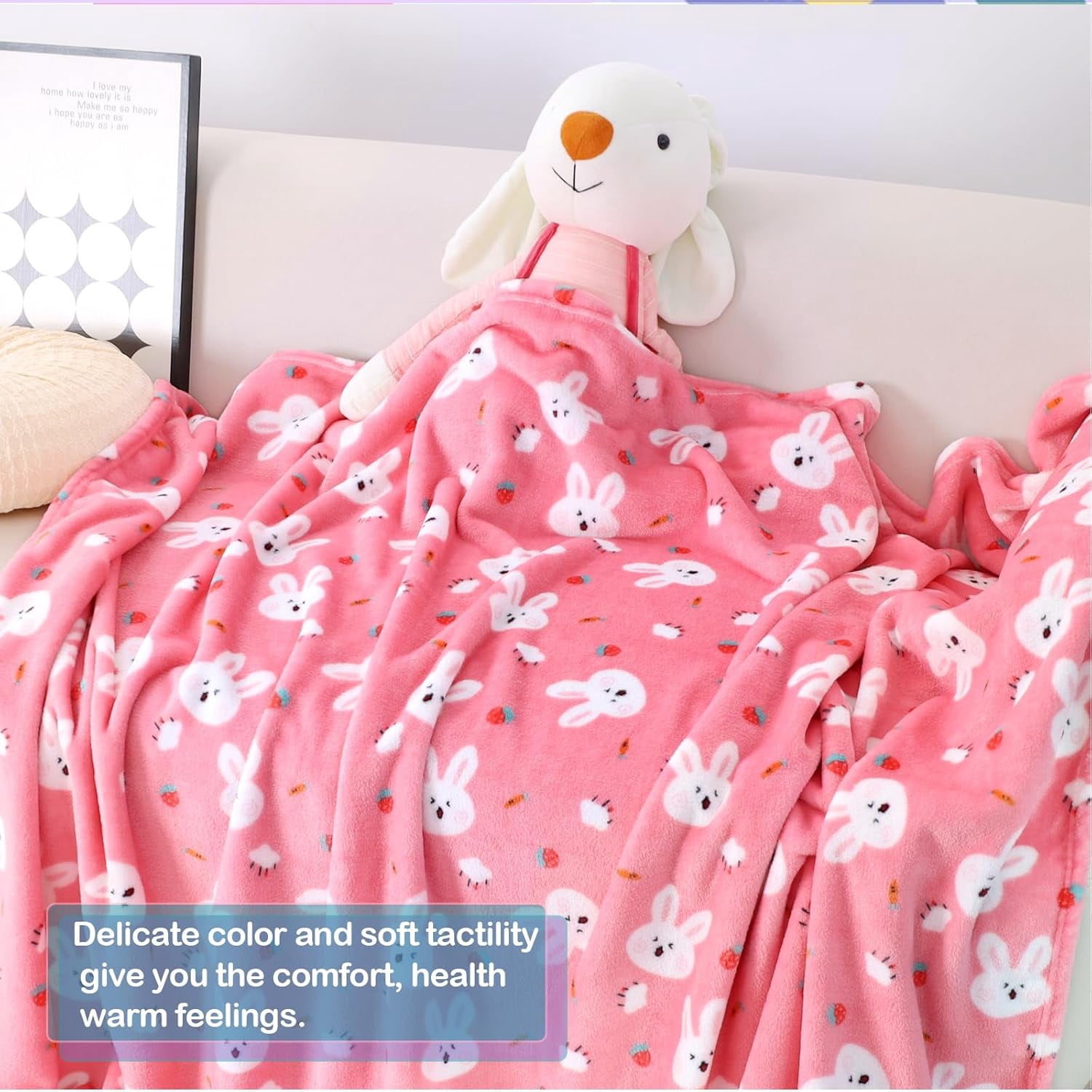 Warm Soft Teenagers Fleece Blankets for Women with Cartoon Bunny Pattern Print - Cozy Fuzzy Plush Flannel Users Blanket for Daycare & School - 50x60 inches (Pink)