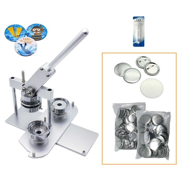 ChiButtons Button Maker Kit 58mm (2 1/4") Badge Press Machine-B400 + 58mm Round Die Moulds + 100 set Button Components + Adjustable Circle Cutter (Silver-New)