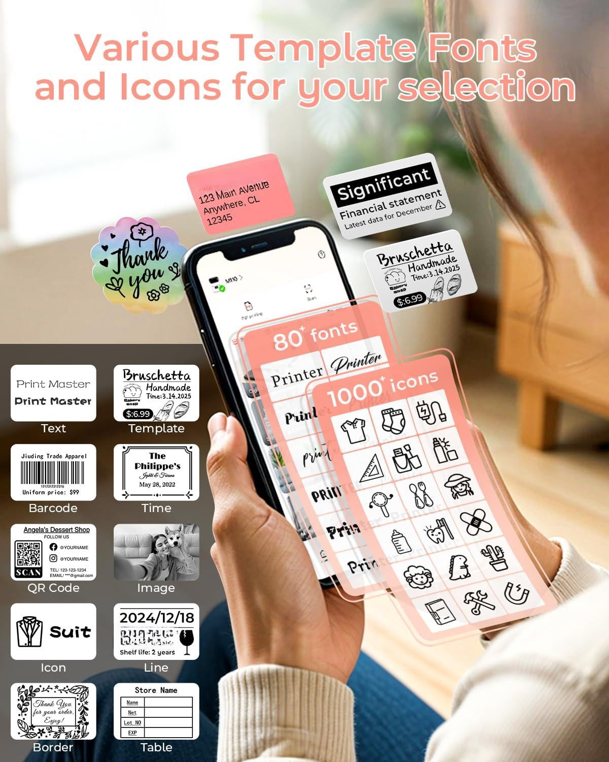 M110 Label Maker Machine- With 3 For Business Labeling  Barcode Office Cable Retail Fonts Choose Icons Templates Pink