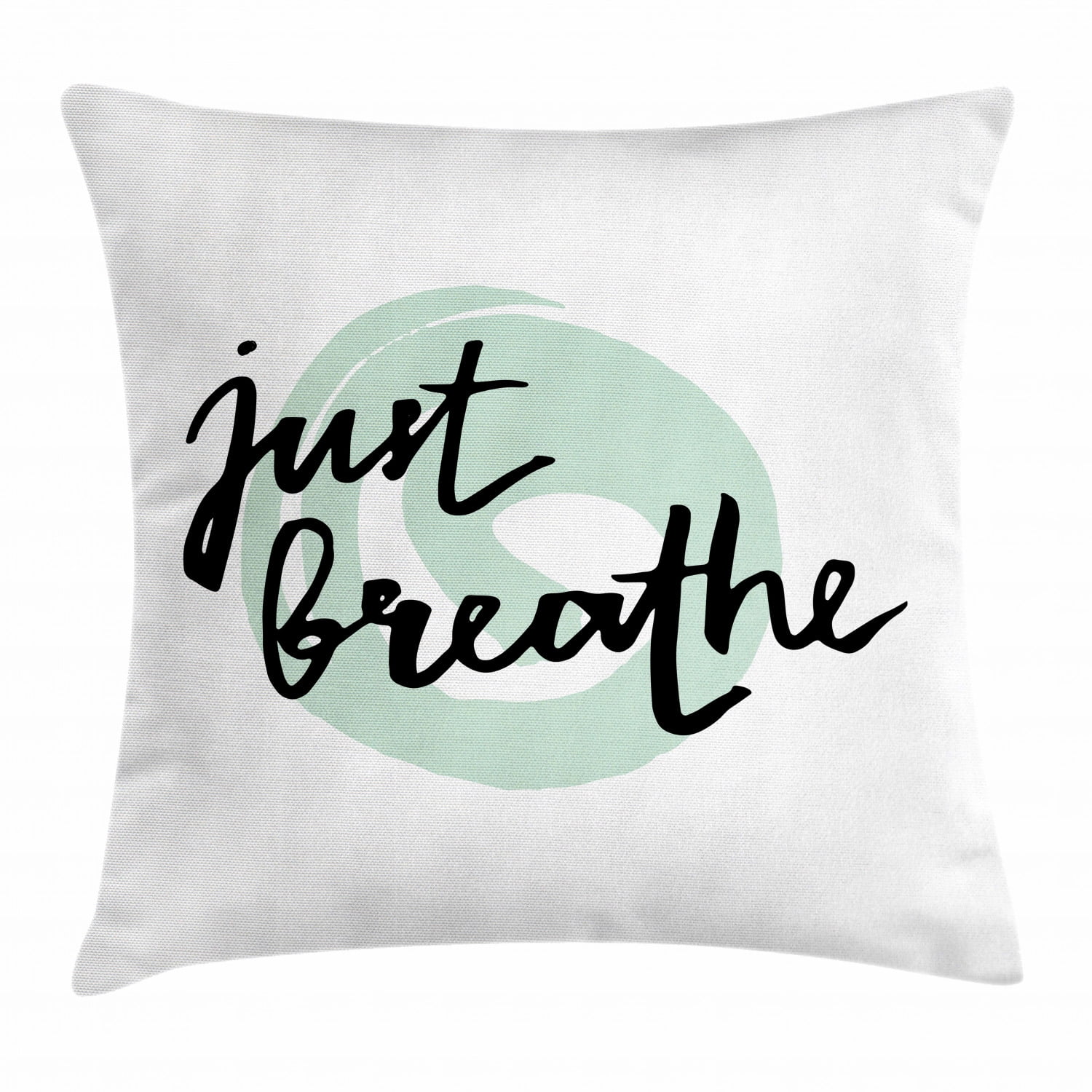 Just Breathe Throw Pillow Cushion Cover, Inspirational Positive Saying with Modern Brush Calligraphy Art, Decorative Square Accent Pillow Case, 16 X 16 Inches, Mint Green Black White, by Ambesonne