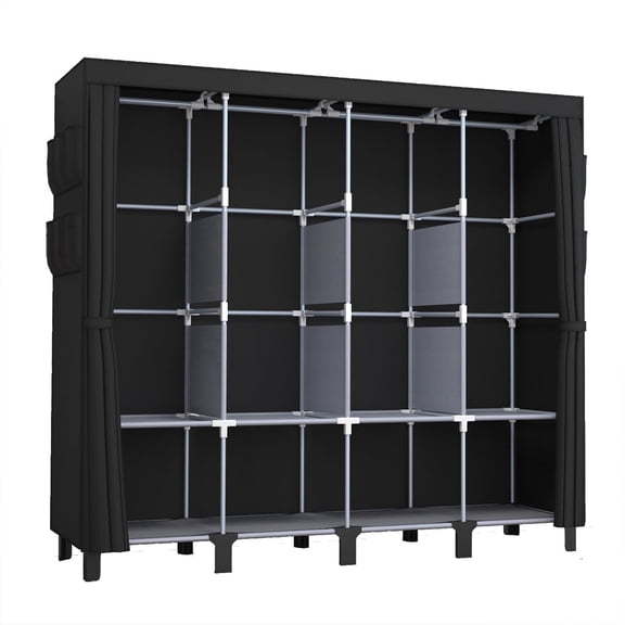 Black, Portable Closet Organizer and Storage with 3 Hanging Rods for Hanging Clothes, 6 Wardrobe Closet Storage Shelves for Bedroom, Easy to Assemble.