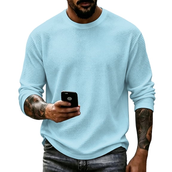 Oazcsf Mens Waffle Long Sleeve Shirt Knit Thermal Pullover Sweater Crew Neck Lightweight Fall Underwear Winter Basic Big and Tall Men's Tops