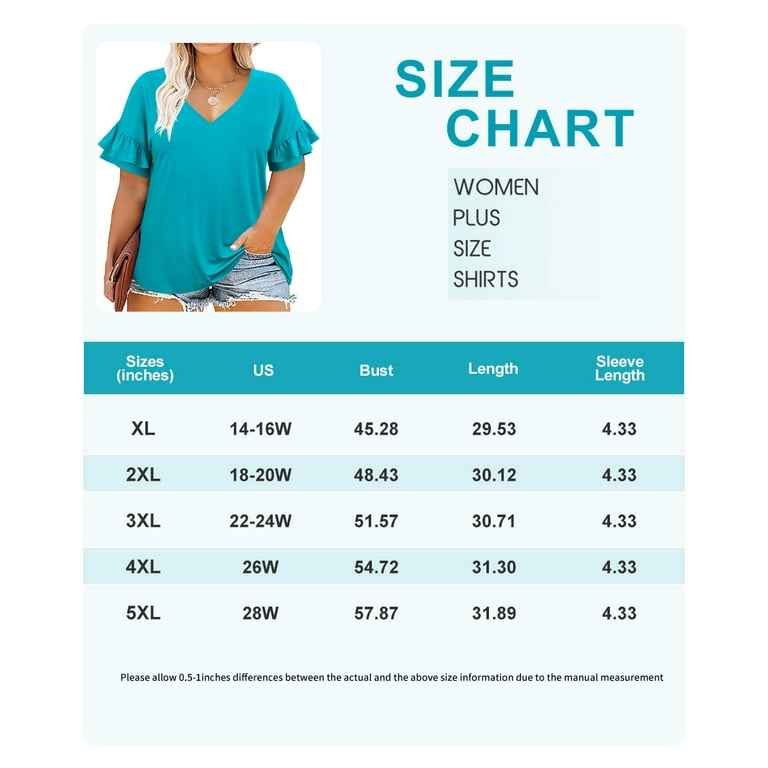 TIYOMI Plus Size 5X Shirts For Women Ruffle Short Sleeve Tops V Neck  Pullover Blue Knitted Summer Tunics 5XL 26W 28W 