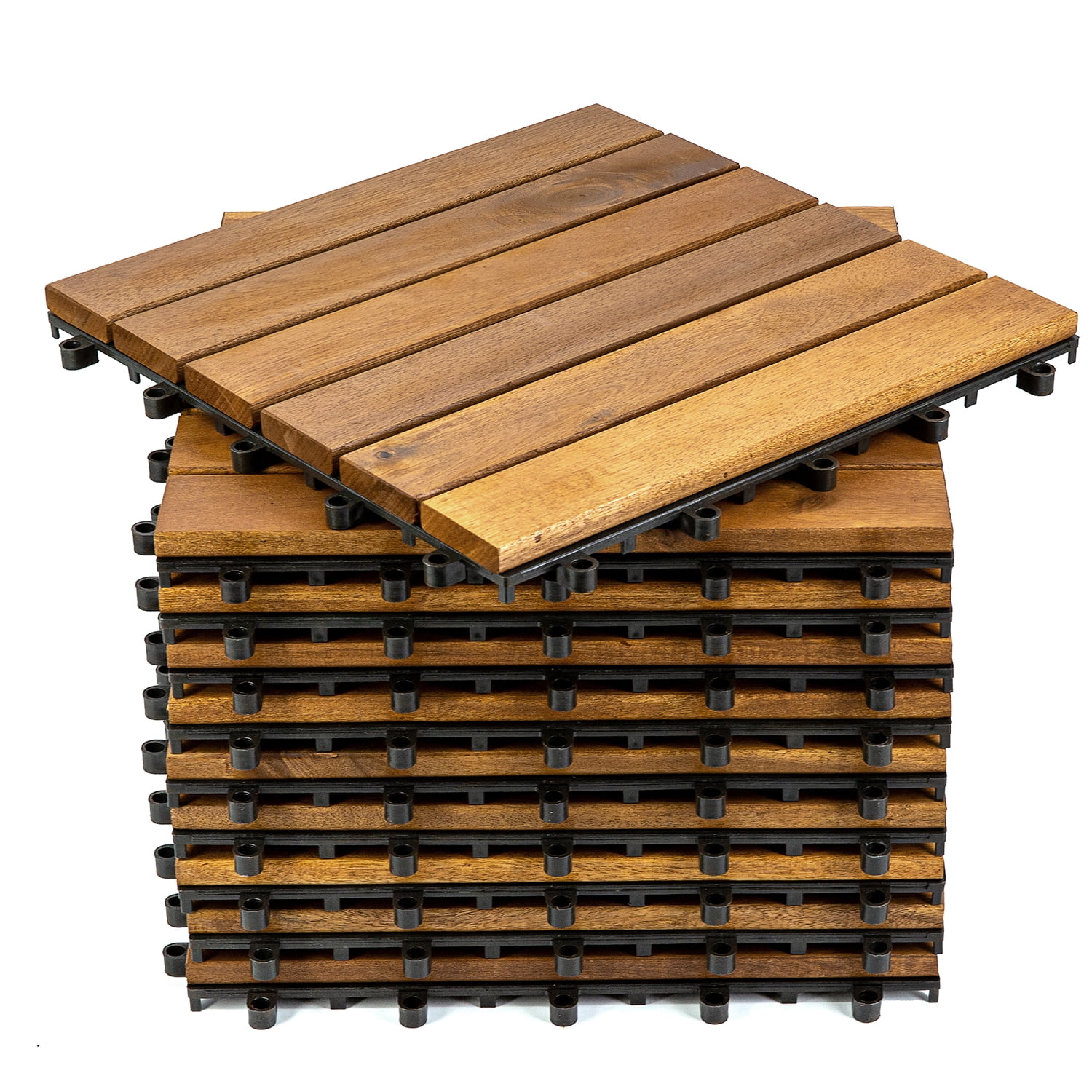 12" x 12" 6-Slat Acacia Wood Interlocking Deck Tiles, Weatherproof Floor Tiles for Patio, Balcony, Poolside, Bathroom & Indoor/Outdoor Use