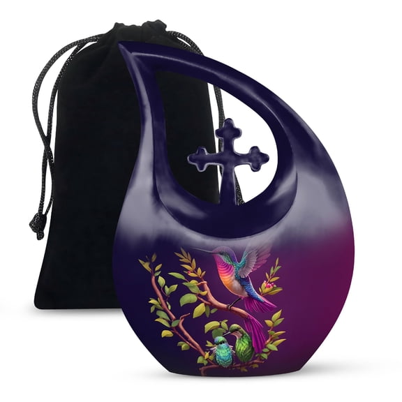 JAGSHASHI Purple Humming Bird Funeral Urns For Women - Funeral Urns For Ashes Adult - Urns For Human Ashes Large - Urn For Women Ashes - 10 Inch With Velvet Bag - Cremation Urn For Human Ashes Adult