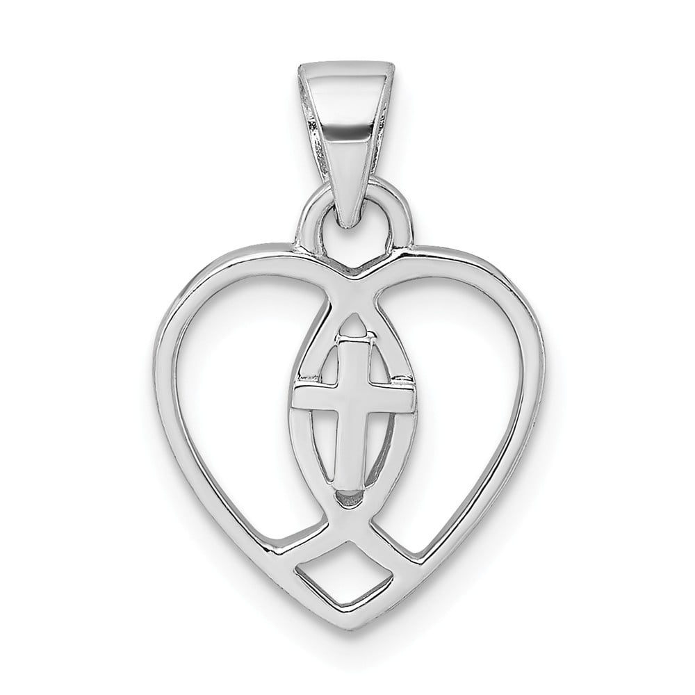 FB Jewels Solid 925 Sterling Silver Rhodium-Plated Polished Heart Vermeil Crucifix Pendant
