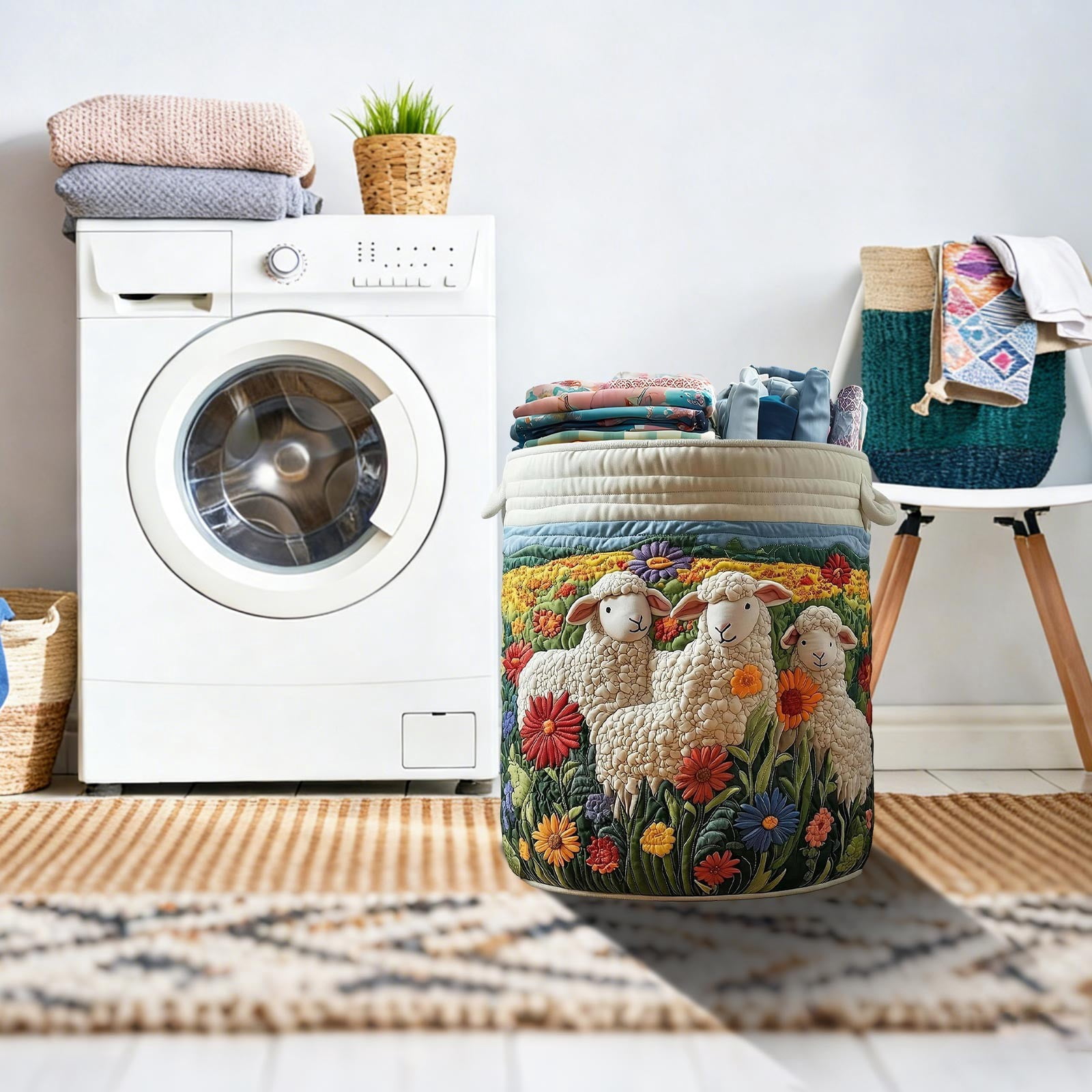 Quilted Laundry Basket with Handles, Boho Floral Fabric Hamper for Clothes & Toys,Soft Padded Collapsible Clothes Basket for Nursery, Bedroom, Laundry Room