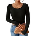 thumbnail image 2 of Womens Long Sleeve Stretch Crewneck Ribbed T-Shirt Slim Fit Casual Basic Knit Tops, 2 of 5
