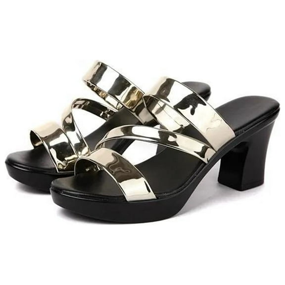 Virmaxy Womens High Heel Women's High-Heeled Platform Sandals With Thick Heels Bright Leather Fish Mouth For Women Gold 35