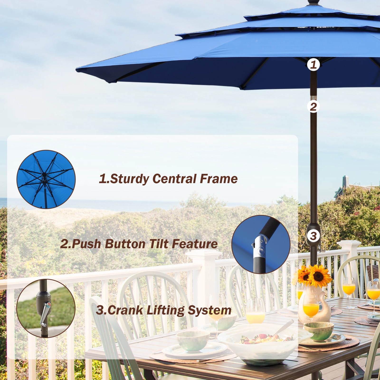 Aoodor 10ft 3-Tier Patio Umbrella, Outdoor Table Market Umbrella Tilt Adjustment and Crank