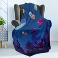 thumbnail image 4 of Cartoon Soft Flannel Fleece Blanket, Underwater World Fish in Aquarium and Whale Crabs Jellyfish Bubbles Coral, Cozy Plush for Indoor and Outdoor Use, 60" x 80", Multicolor and Blue, by Ambesonne, 4 of 5
