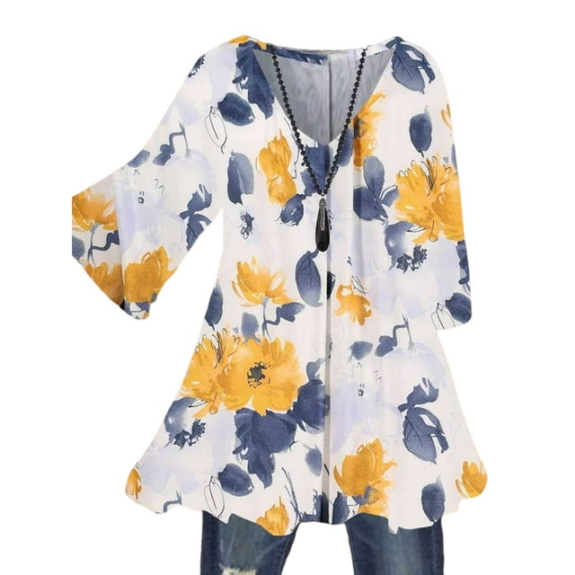 MAWCLOS Blouse Femme Col en V Hauts Tunique Froncée Chemise Élégante Imprimé Floral de Plage Pull 9 S