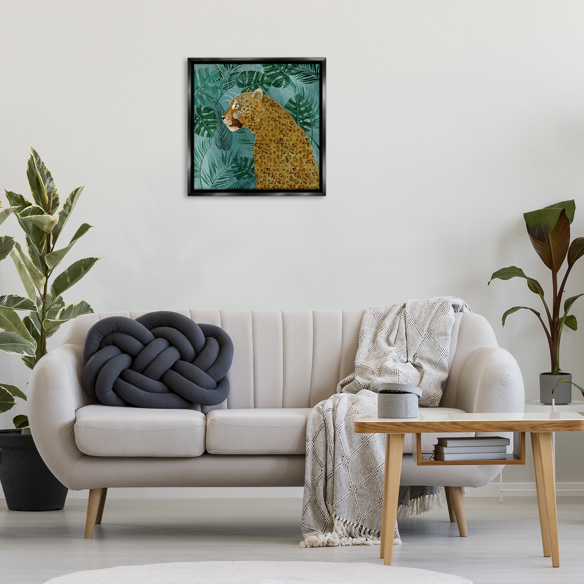Stupell Industries Monstera & Palms Cheetah Animals Painting Black Floater Framed Canvas Art Print Wall Art, 25 x 25