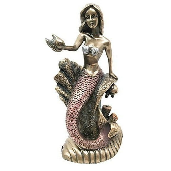 Ocean Mermaid Maiden Holding Fish Figurine Life Under The Sea Coral Reef Decor Nautical Sailor Gift Scuplture