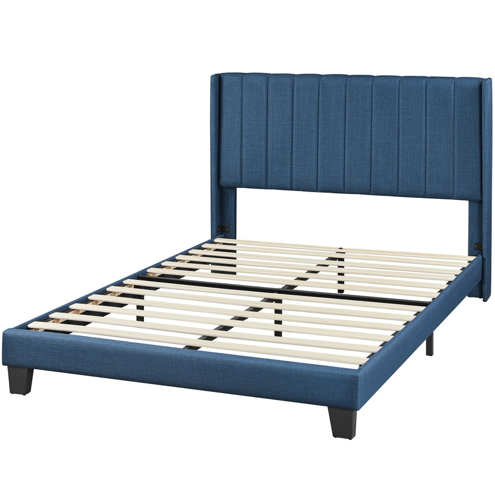 Renwick Upholstered Platform Queen Bed Frame with Wing Side, All Ages, Navy Blue